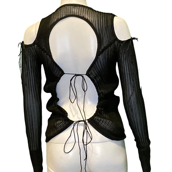NWT Cecilie Bahnsen Black Cold Shoulder Stretch Ribbed Knit Tie Back Top-Sz XS/S - Picture 9 of 13